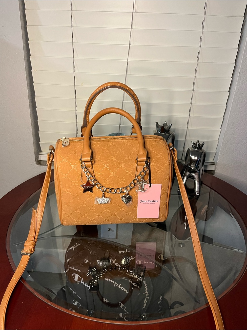 Juicy Couture Tan Embossed Satchel with Charm Chain
